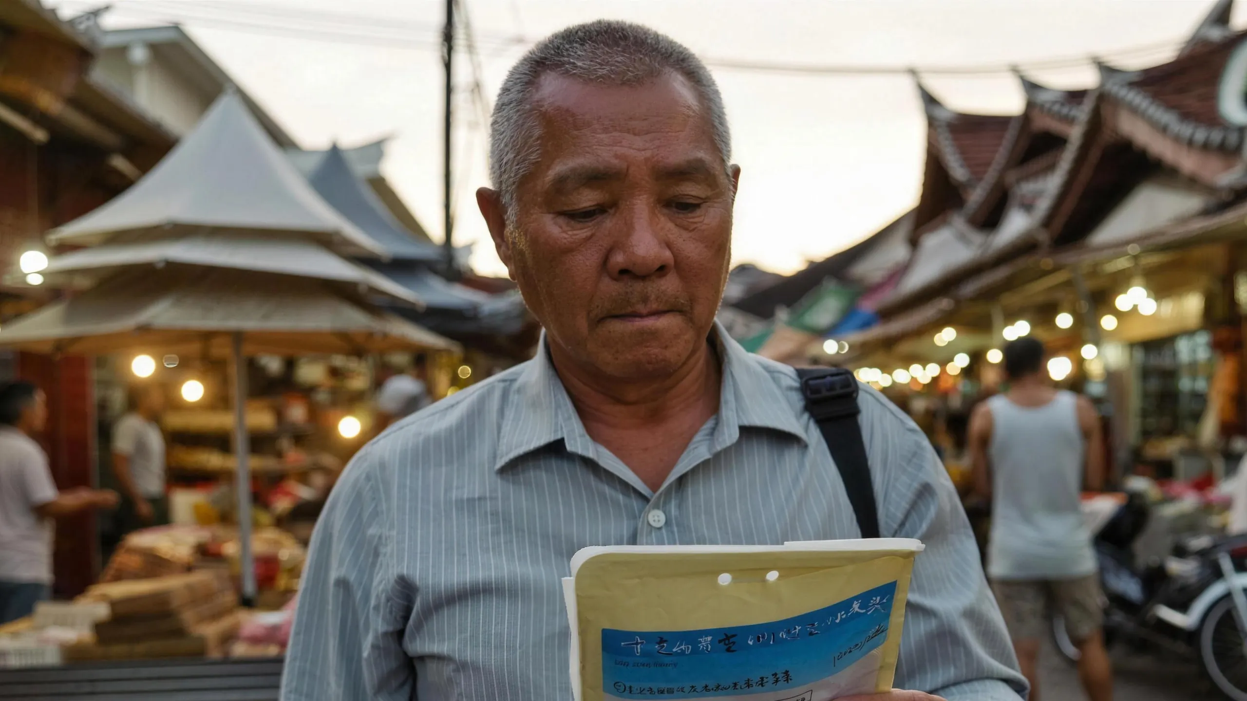 A man in a street market at dusk, reading an unfamiliar product closely.