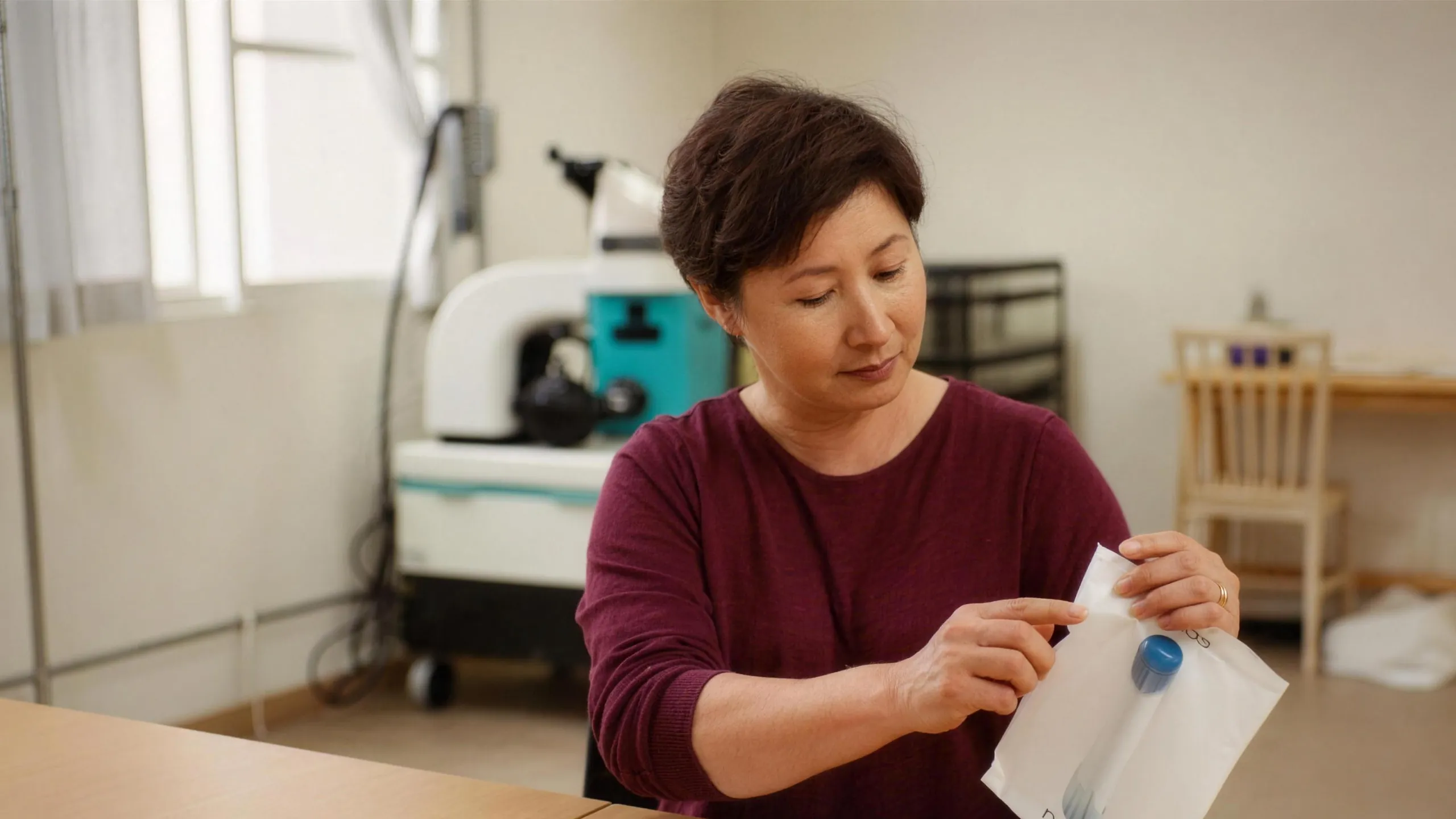 A woman at a plain table turning a white prototype package in her hands.