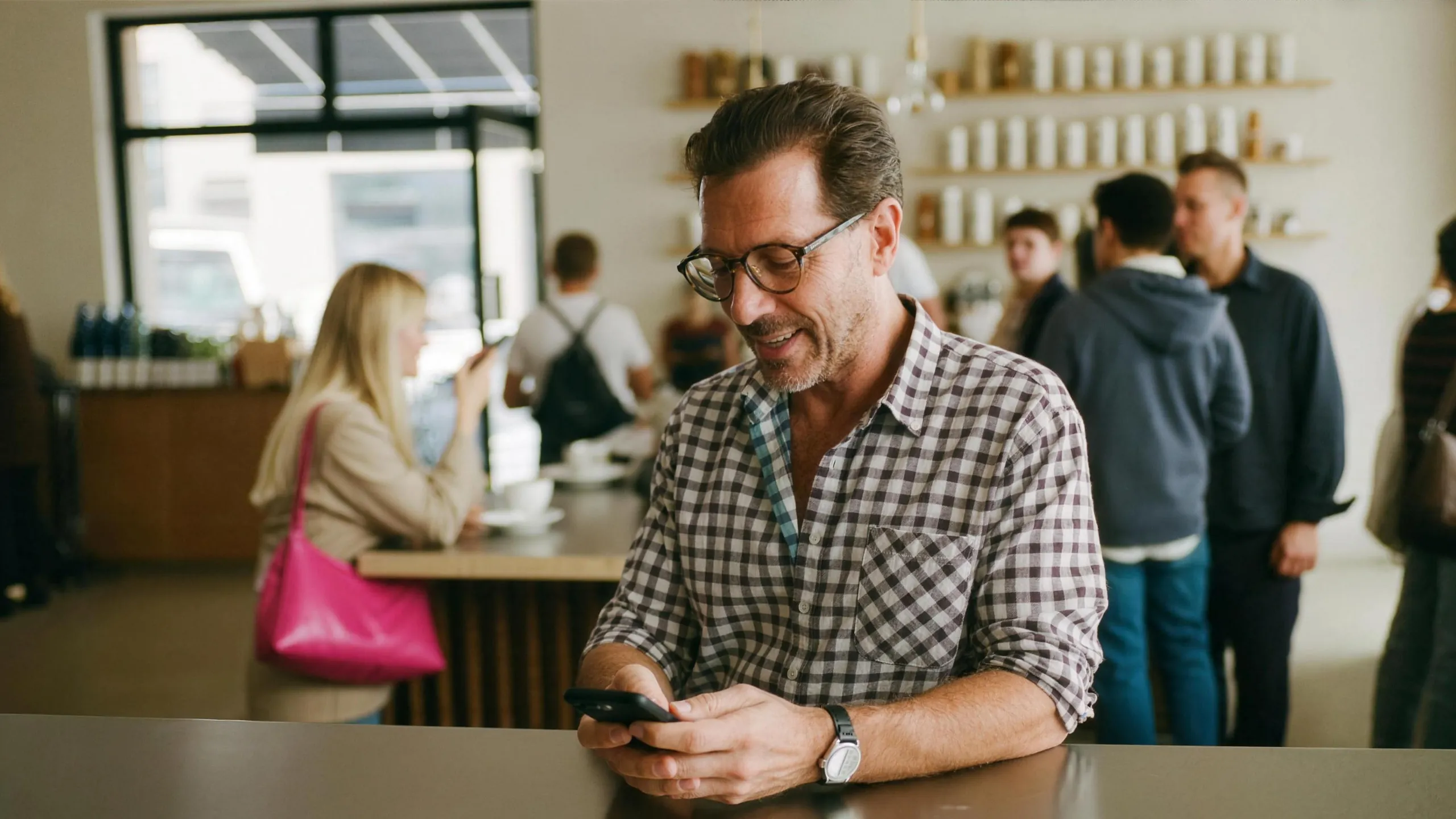 A man in his sixties at the counter of a busy specialty coffee shop, phone in hand.