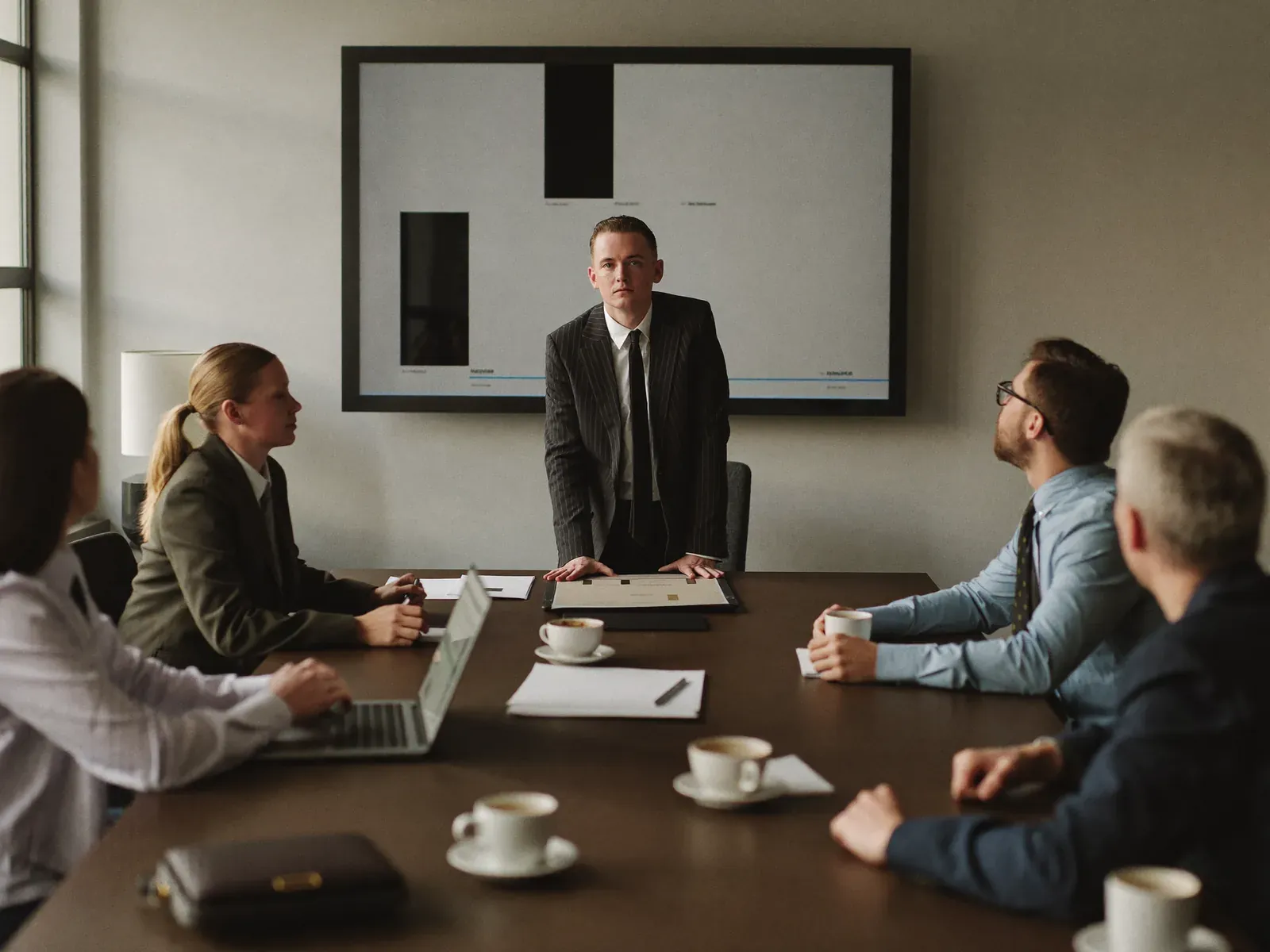 A boardroom meeting: an executive standing at the head of the table presents a slide deck to four listening colleagues.